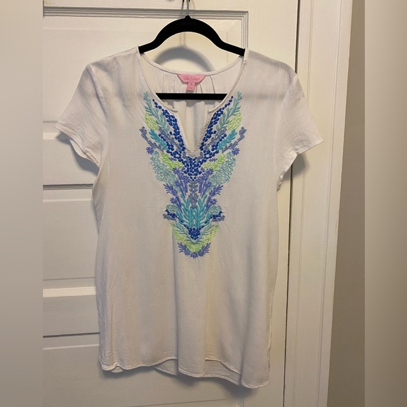 EUC Lilly Pulitzer Sea Avenue Embroidered Tunic Top in Resort White - Picture 3 of 6